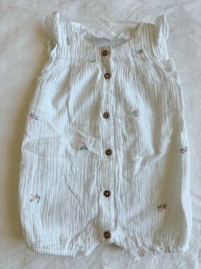 Organic White Baby One-Piece Romper with Pink Floral Embroidery